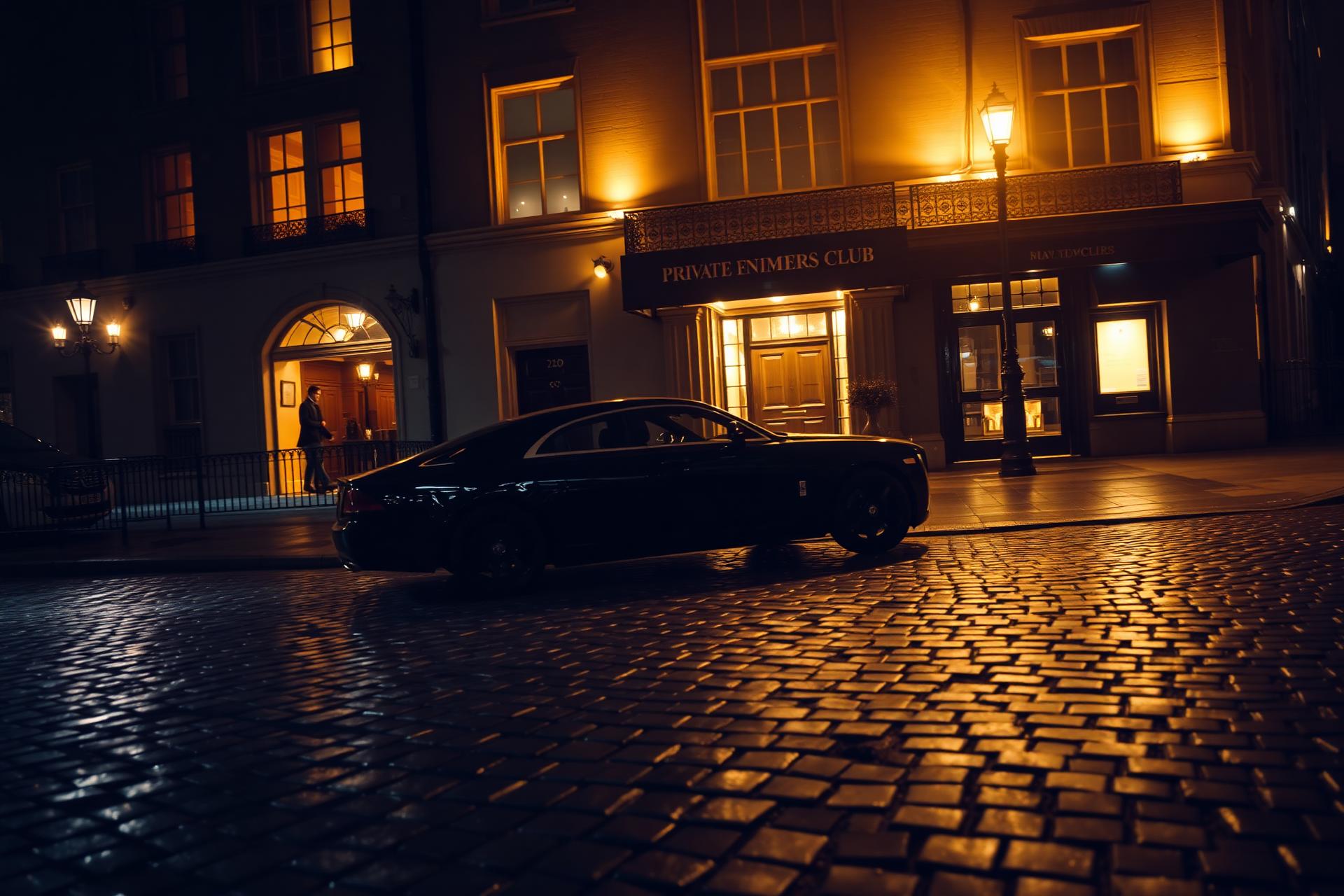 A chauffeured black car on a Mayfair cobblestone street outside a private members club at night